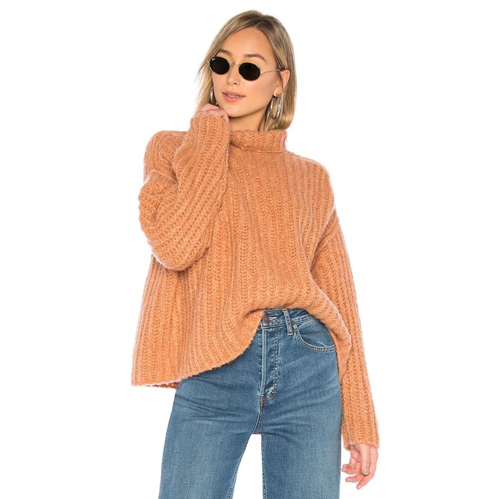 Free People Fluffy‎ Fox Woven Pullover Sweater Papaya Orange Chunky Knit Small